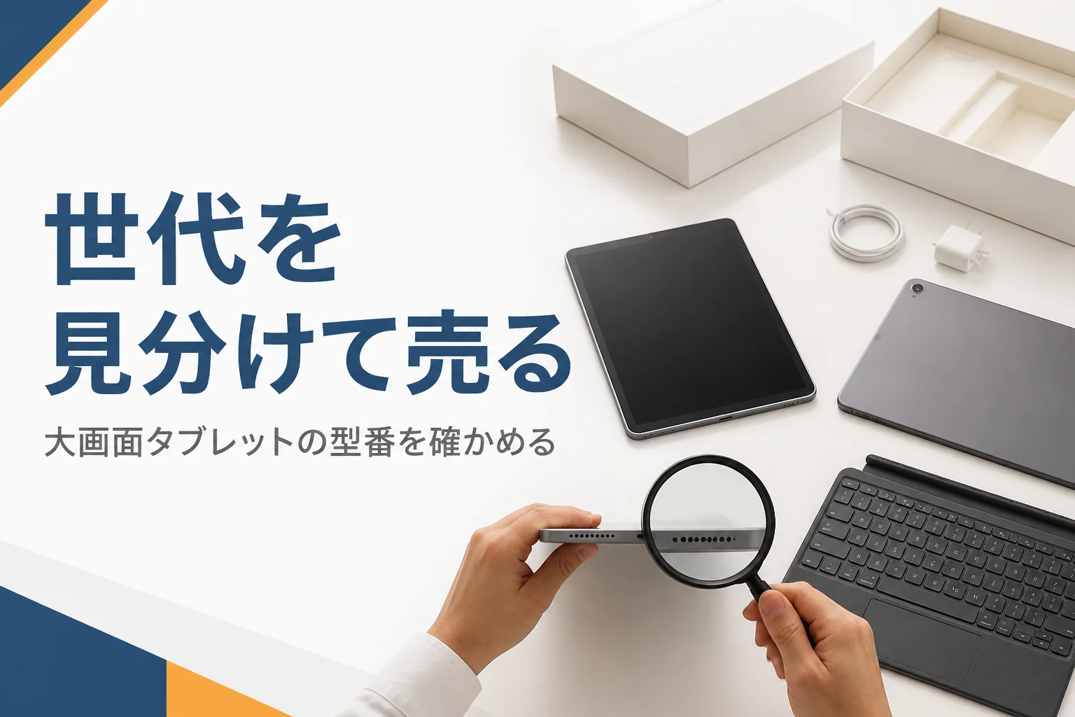 大きなタブレットの型番を虫眼鏡で確かめる手元