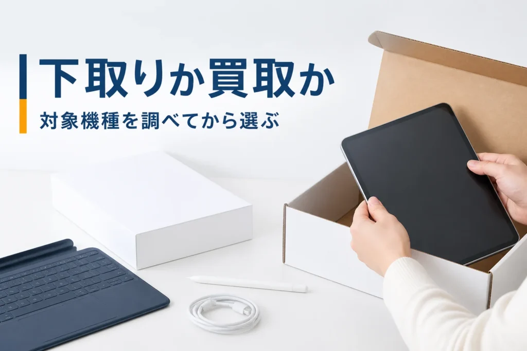 新しい端末の箱と古いタブレットを並べた机