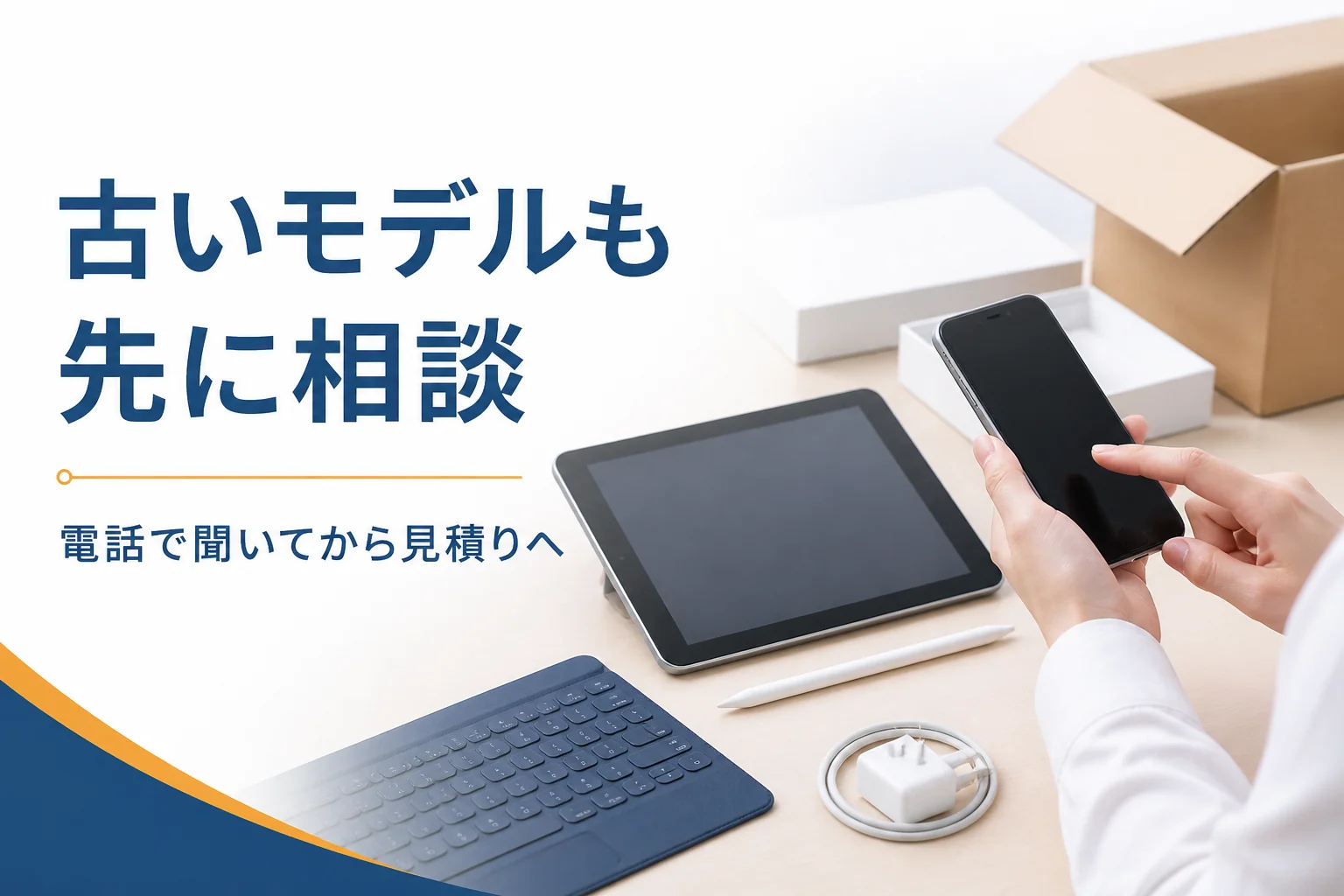 古いタブレットと電話をかける手元