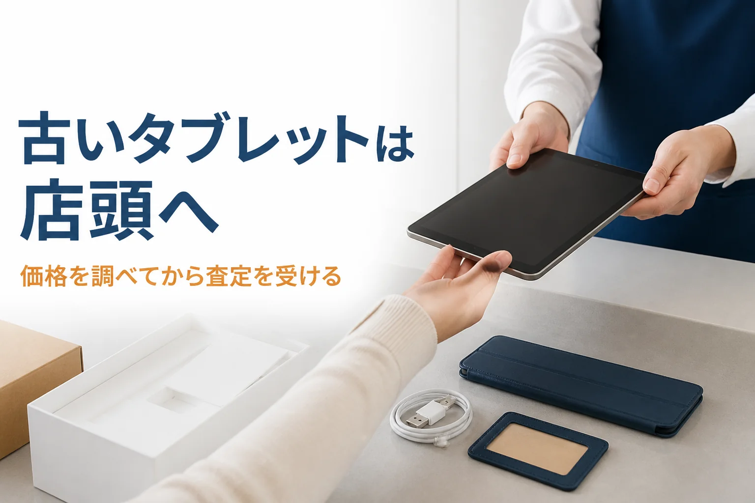 買取カウンターに差し出された薄型タブレット
