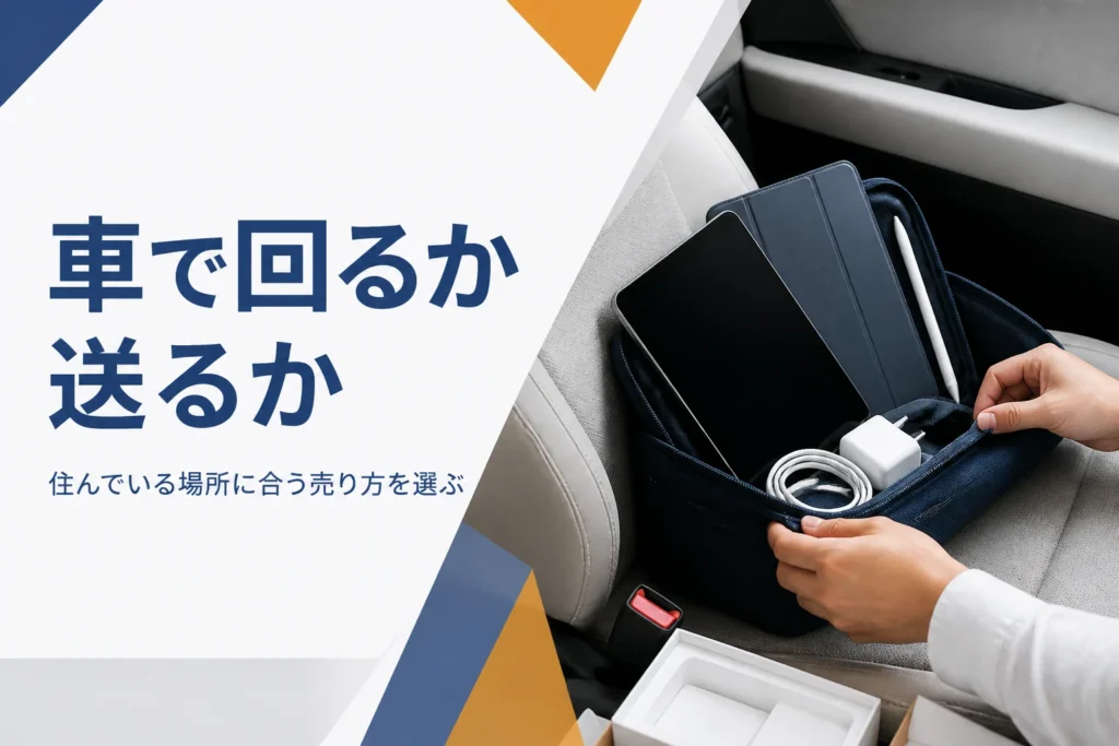 車でタブレットを買取店へ持って行く準備をする手元
