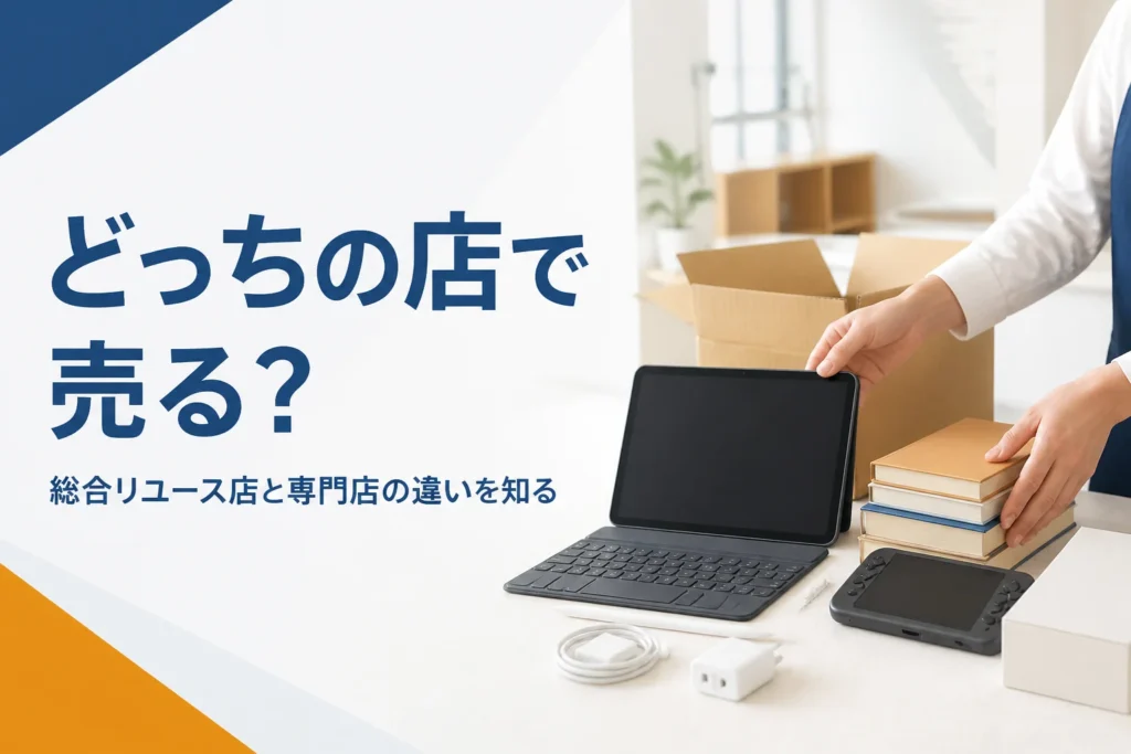 買取カウンターにタブレットと他の不用品を並べる手元