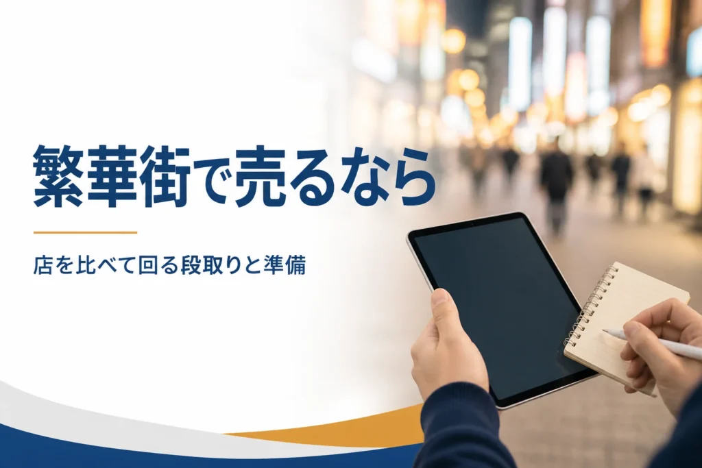 繁華街で買取店を比べる前のタブレットとメモ