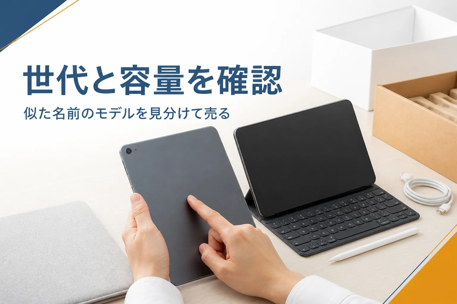 並べた2台のタブレットを見比べる手元