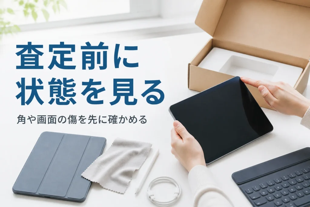 タブレットの角の状態を確かめる手元