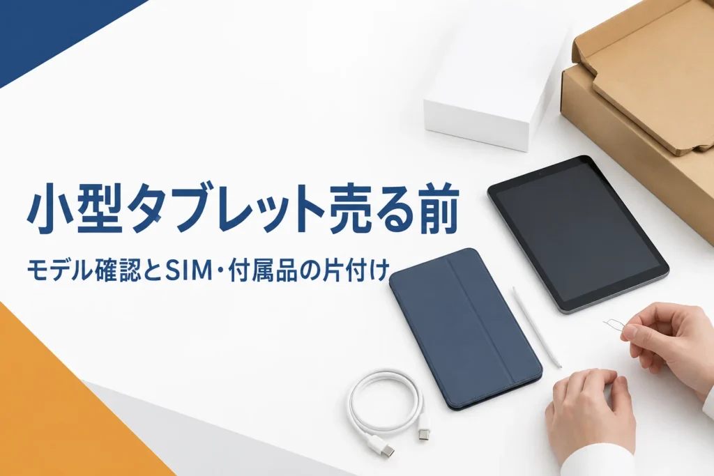 売る前に小型タブレットと付属品を整理している様子