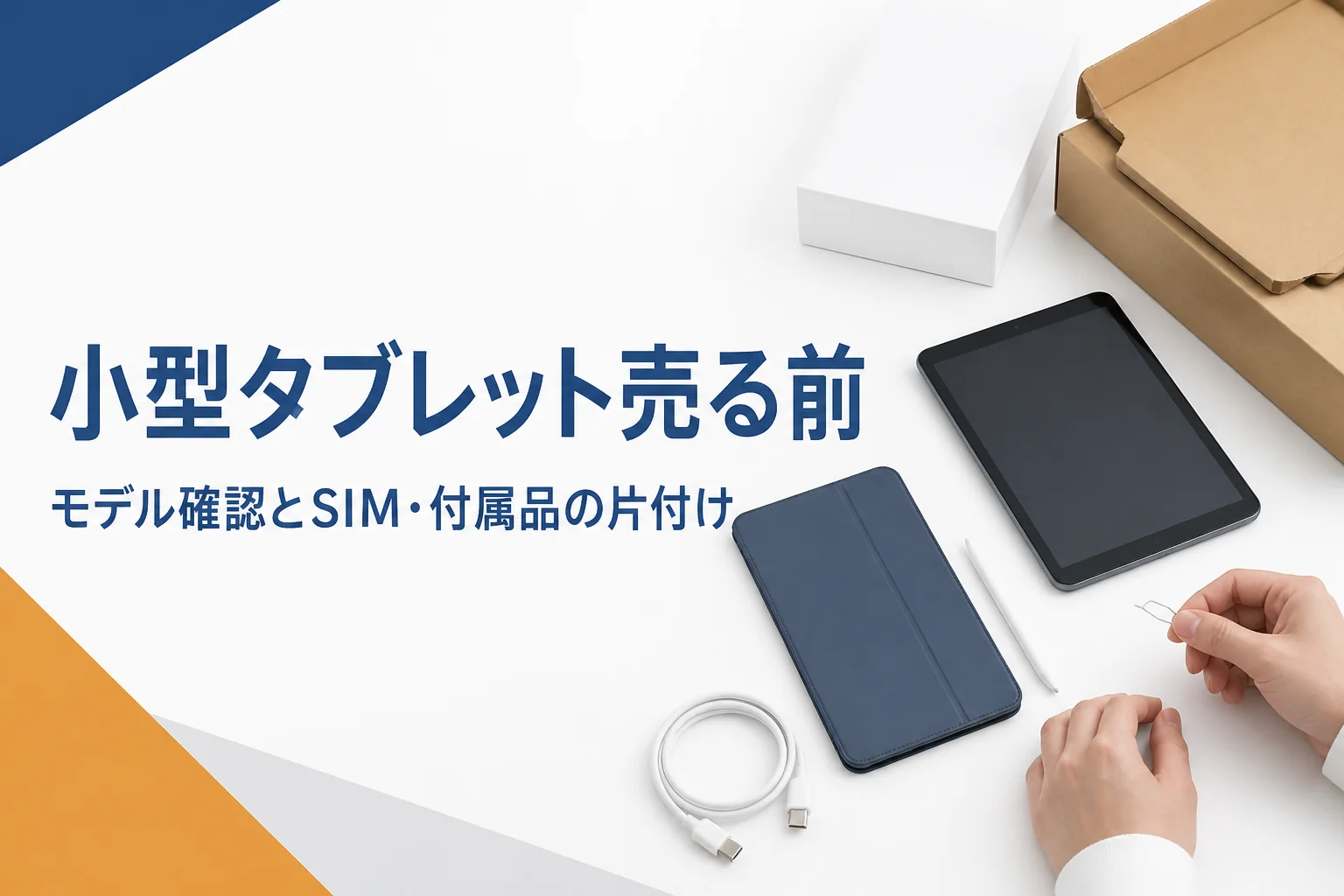 売る前に小型タブレットと付属品を整理している様子