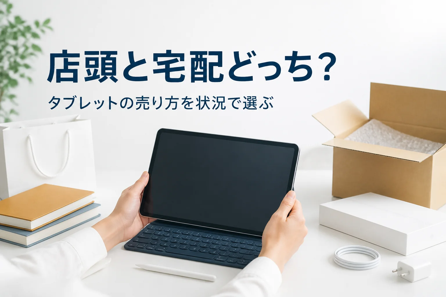 店頭買取と宅配買取を比べるイメージのタブレットと梱包箱