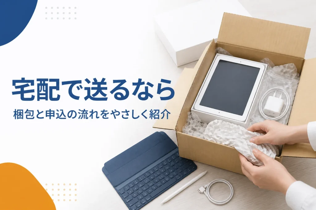 宅配買取に送るタブレットを段ボールに梱包している手元