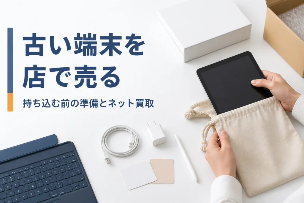 店に持ち込む前に小さめのタブレットと付属品をまとめている手元