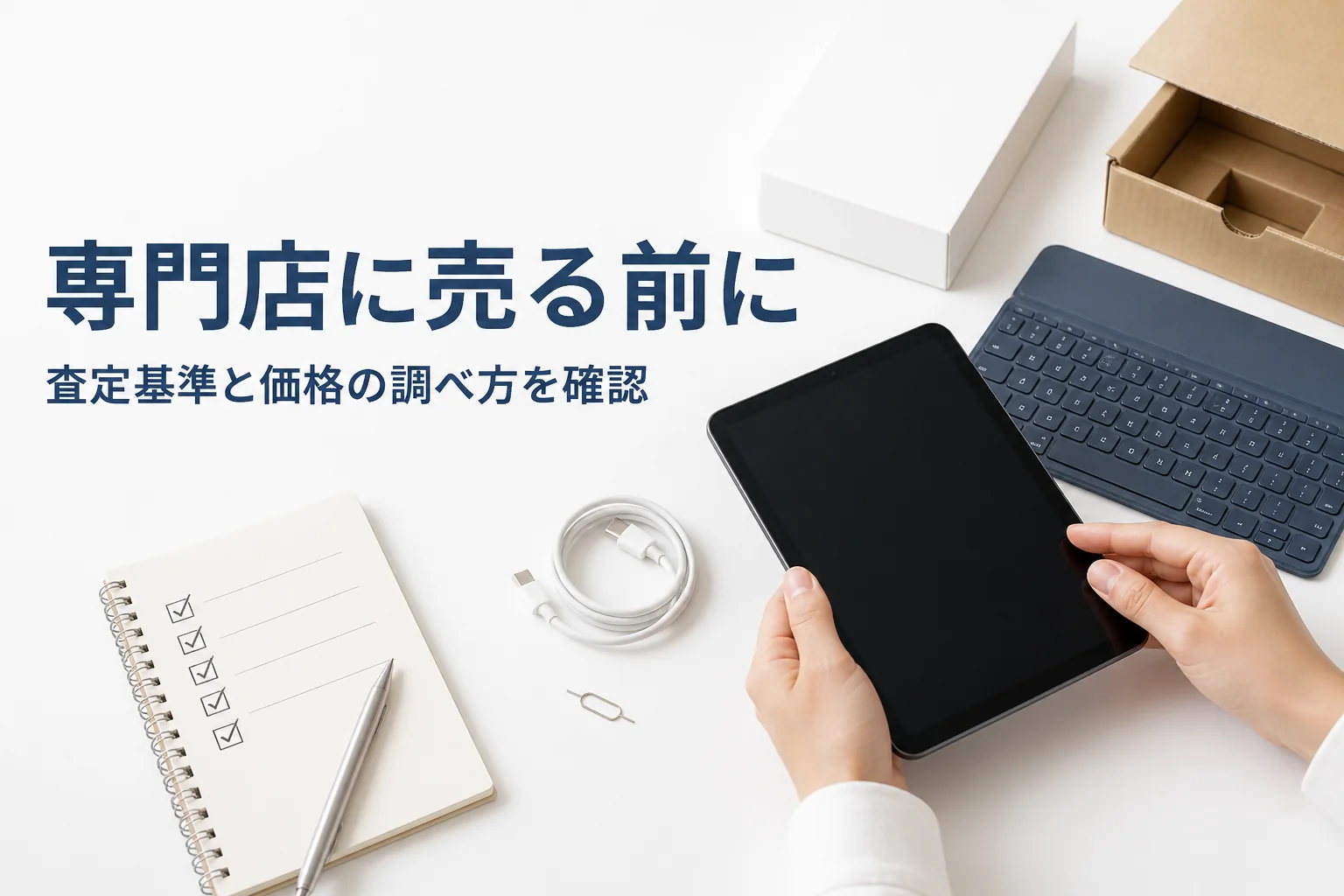 査定に出す前に小さめのタブレットの状態を確かめている手元