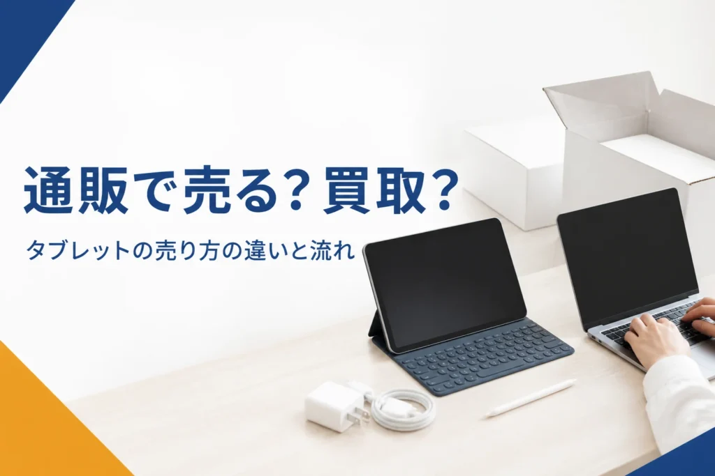 梱包用の箱とタブレットを前にネットで売り方を比べる手元