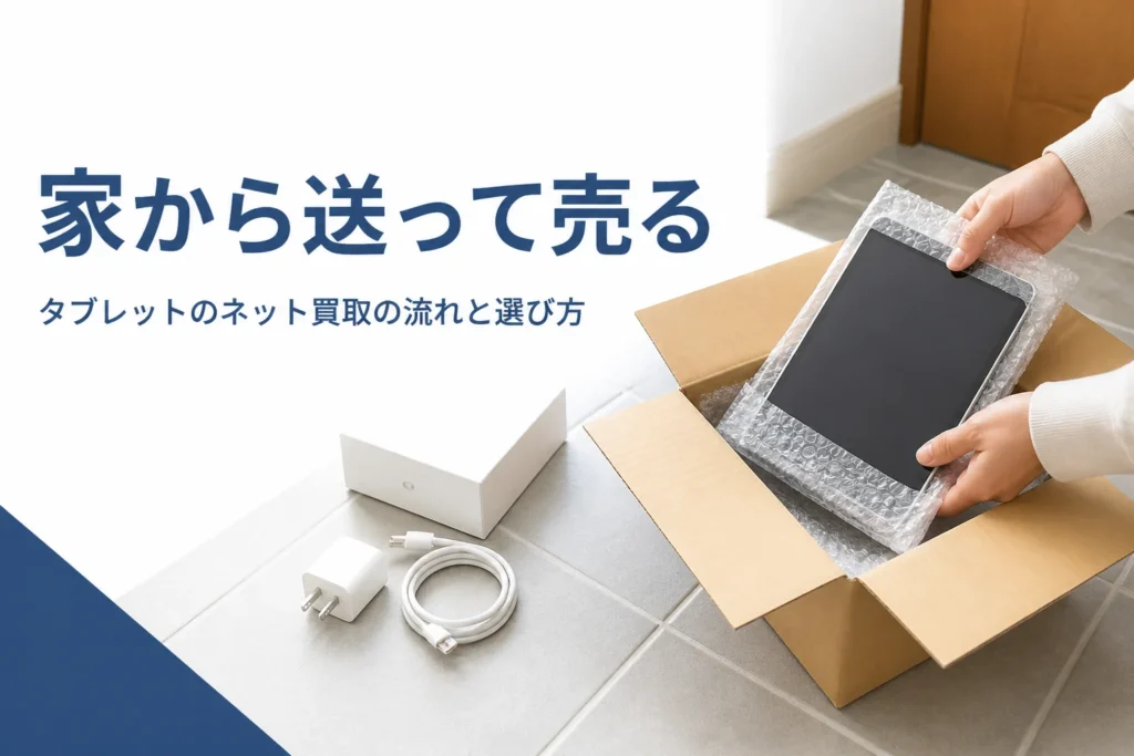 段ボール箱にタブレットを梱包する手元