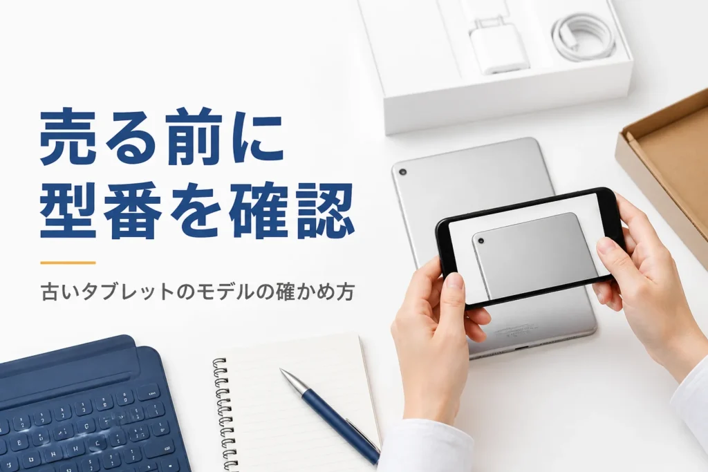 古いタブレットの背面の型番を確かめている手元