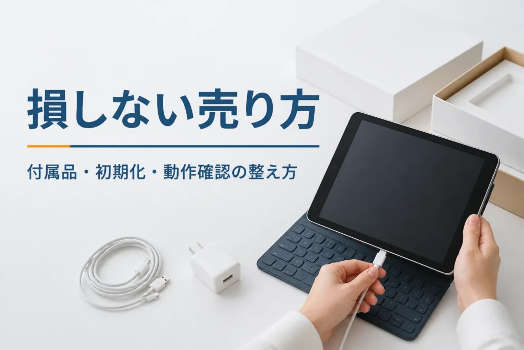 査定前に付属品をそろえて動作を確かめるタブレット