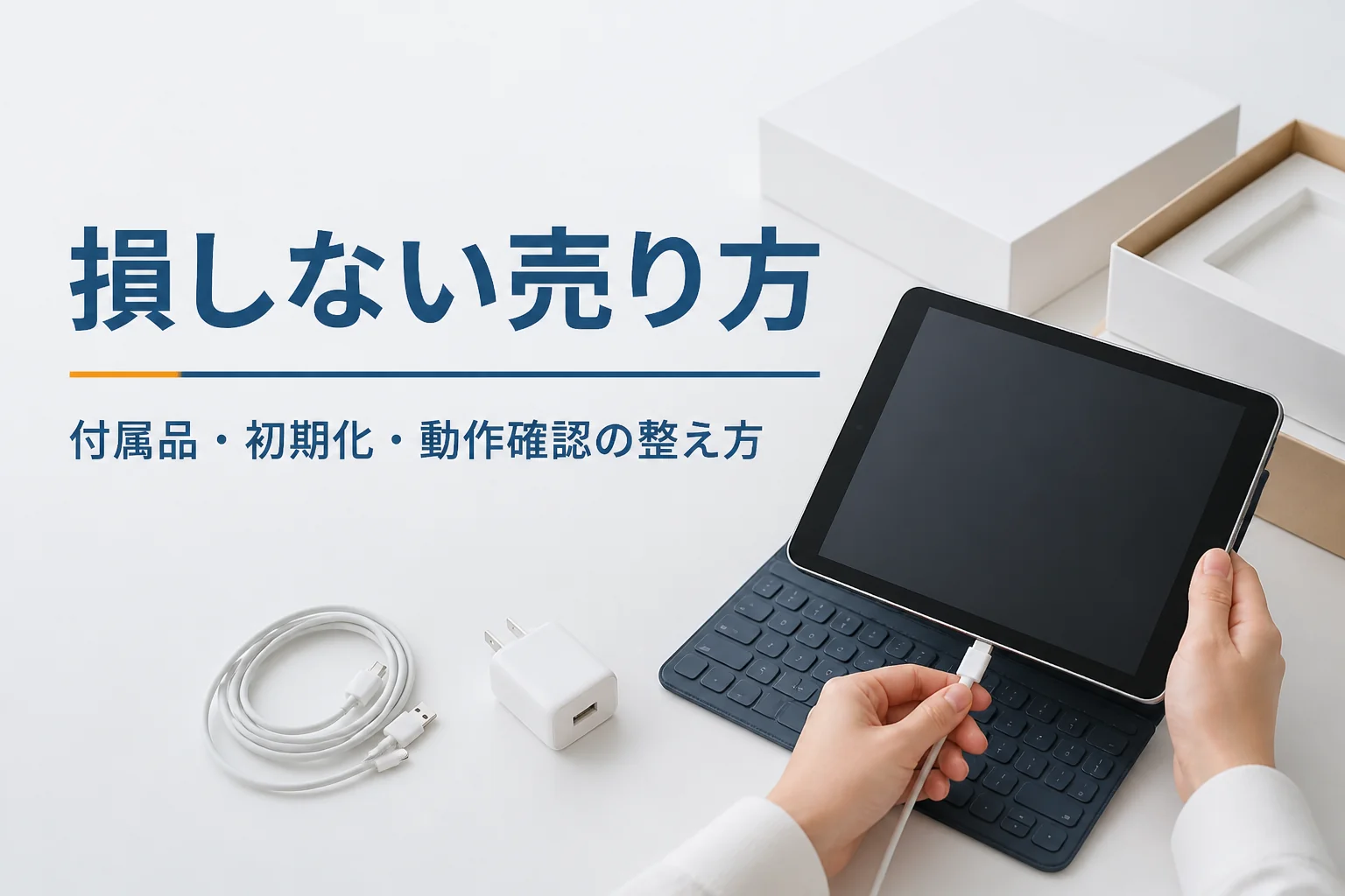 査定前に付属品をそろえて動作を確かめるタブレット
