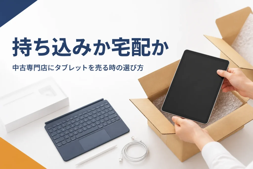 宅配買取の準備をするタブレットと周辺機器