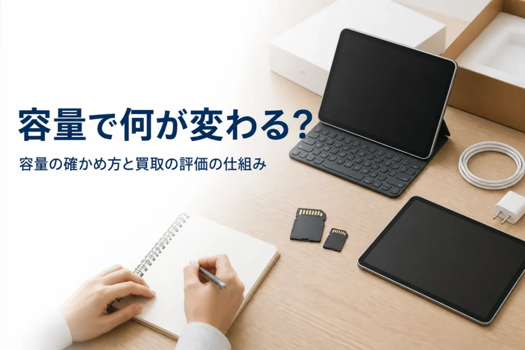 容量を見比べるタブレットとメモ