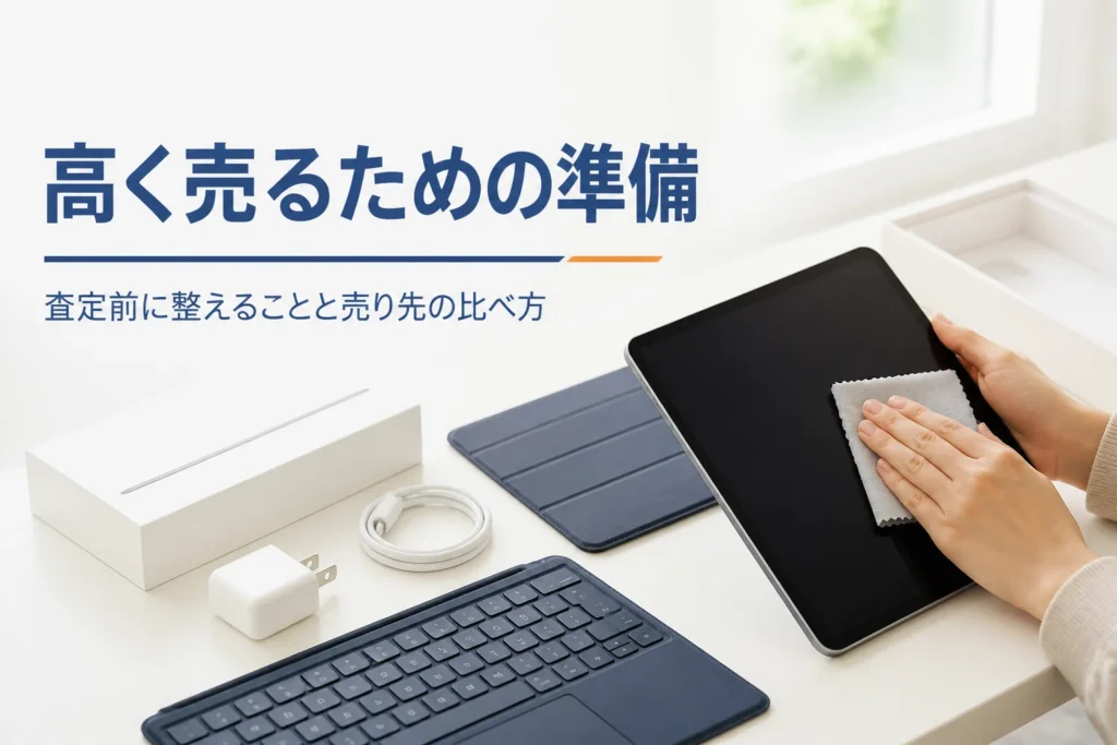 査定前にタブレットを拭いて付属品をそろえる手元