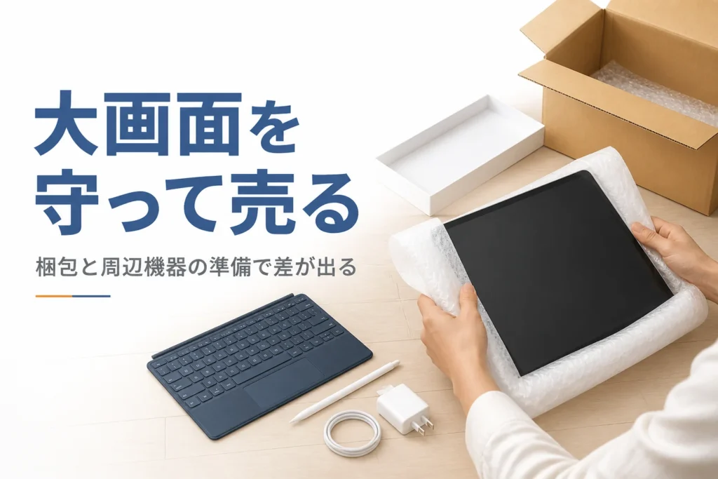 大きなタブレットを緩衝材で包んで梱包する手元