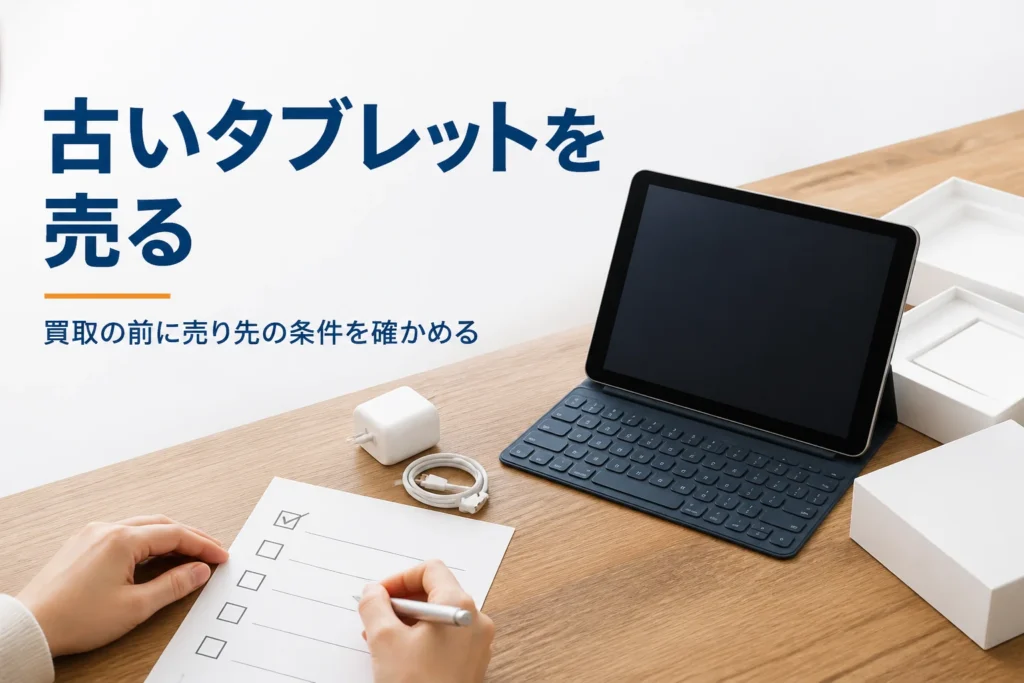 売る前に条件を確かめる古いタブレットと付属品
