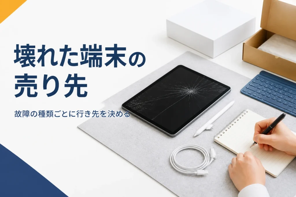 画面にひびが入ったタブレットと故障内容のメモ