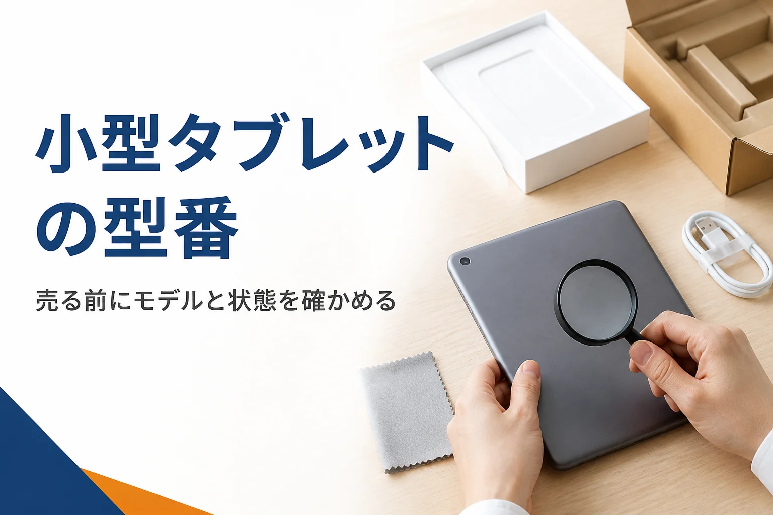 小型タブレットの背面を虫めがねで確かめる手元