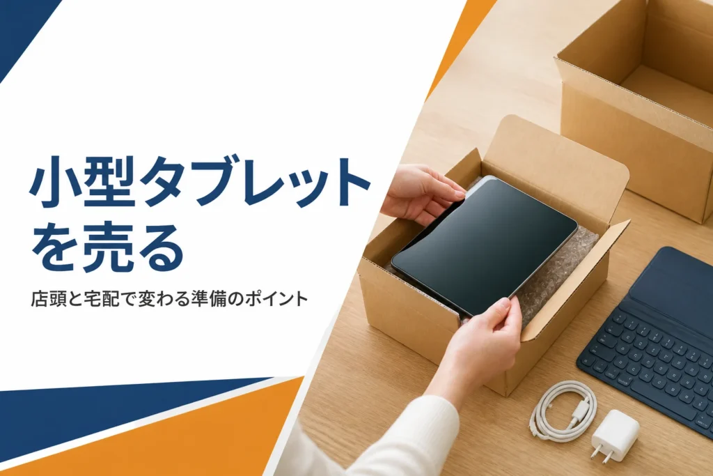小型タブレットと充電ケーブルと梱包箱