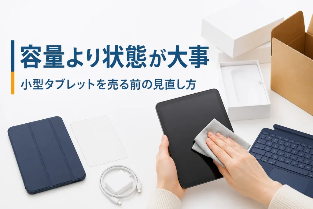 小型タブレットを布で拭く手元と外したケース