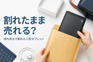 画面の角にヒビが入った小型タブレットと封筒