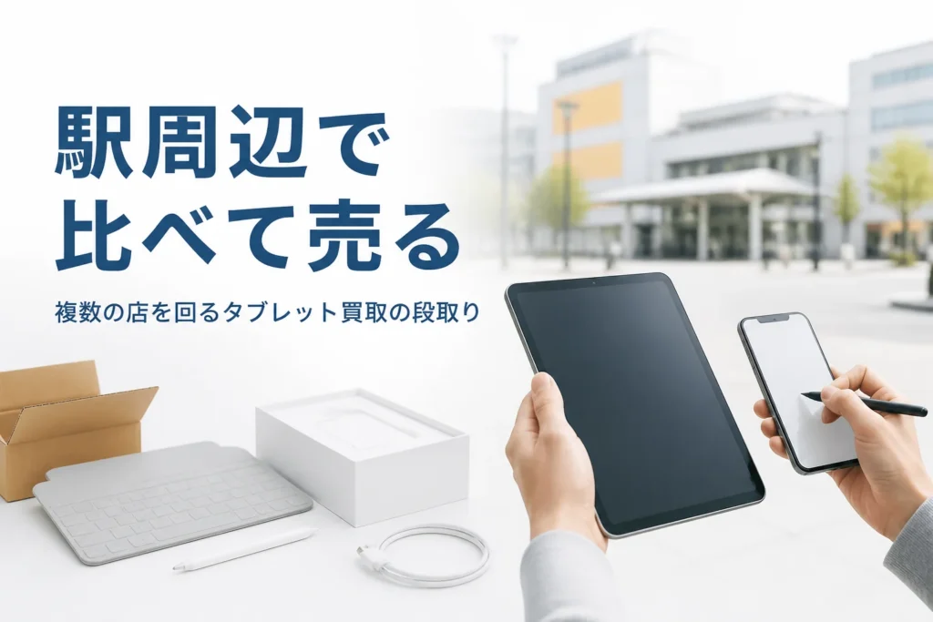 街なかでタブレットと見積りメモを持つ手元