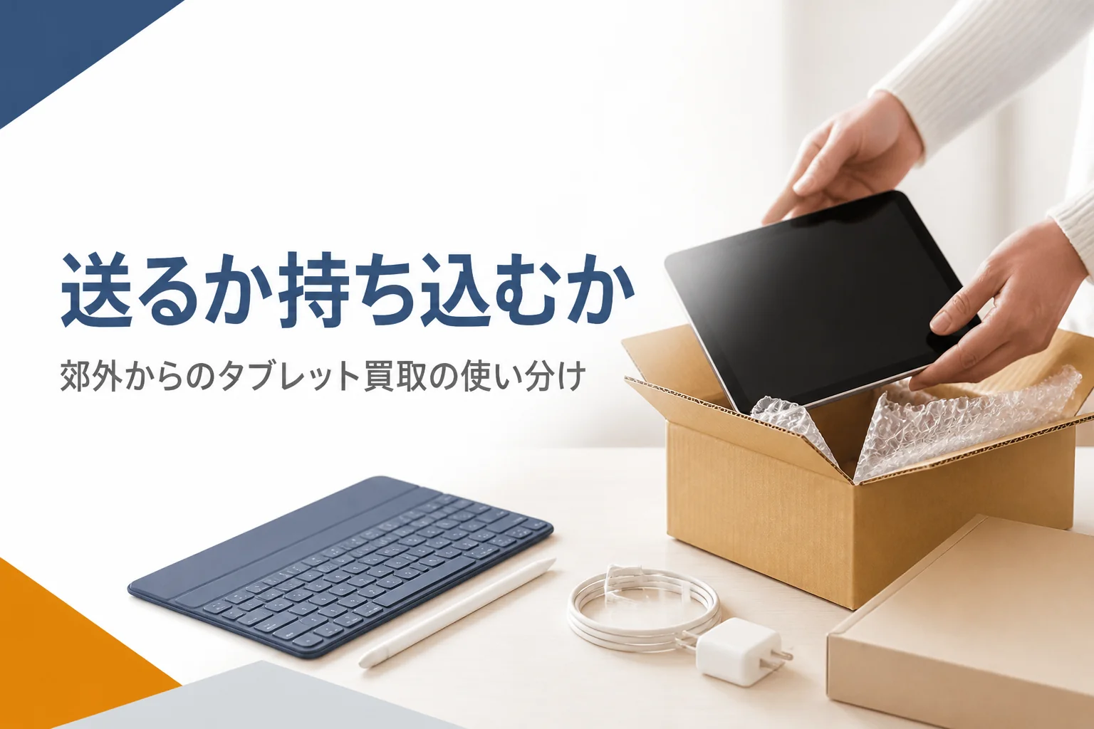 タブレットを段ボール箱に梱包する手元