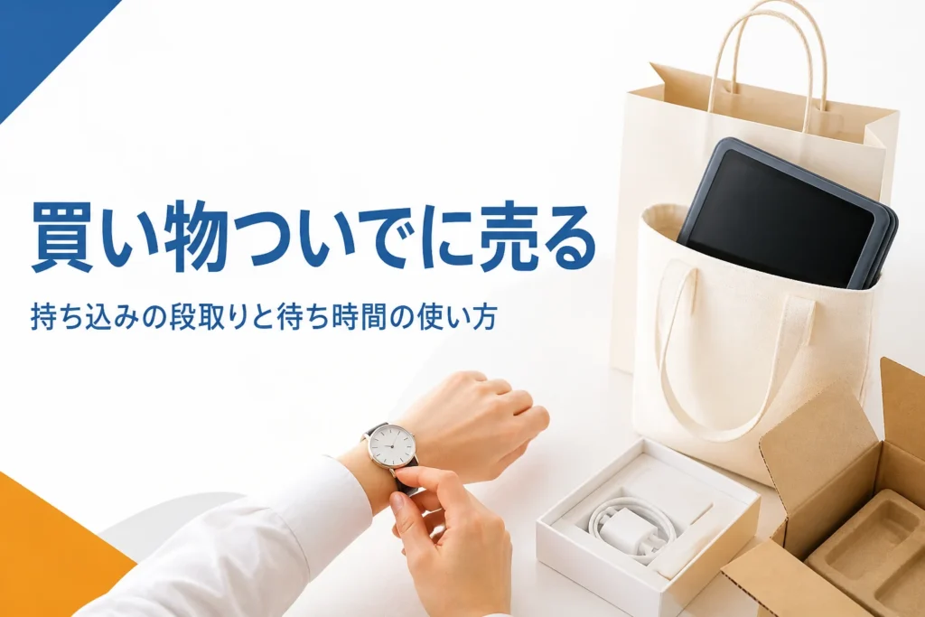買い物袋とタブレットを持つ手元