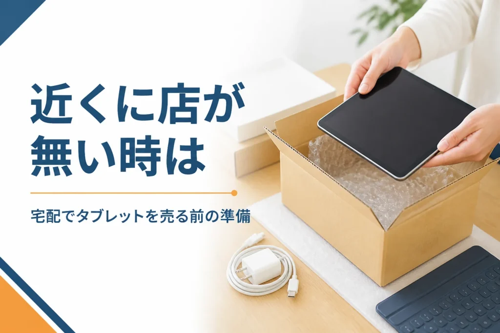 タブレットを緩衝材入りの箱に梱包する手元