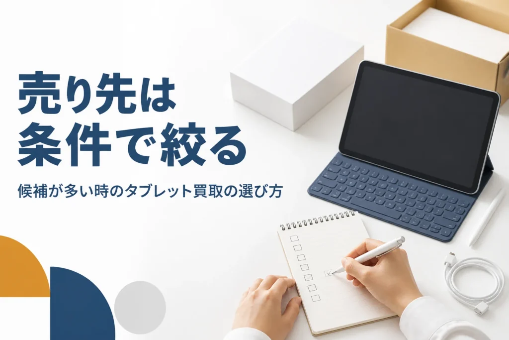 タブレットの横でメモに印を付ける手元