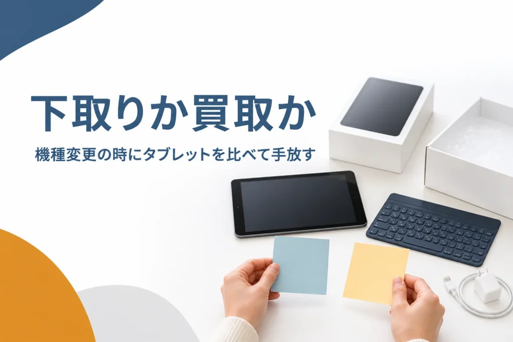 古いタブレットと新しい端末の箱を見比べる手元