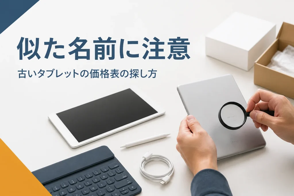 古いタブレット2台と背面を虫眼鏡で見る手元