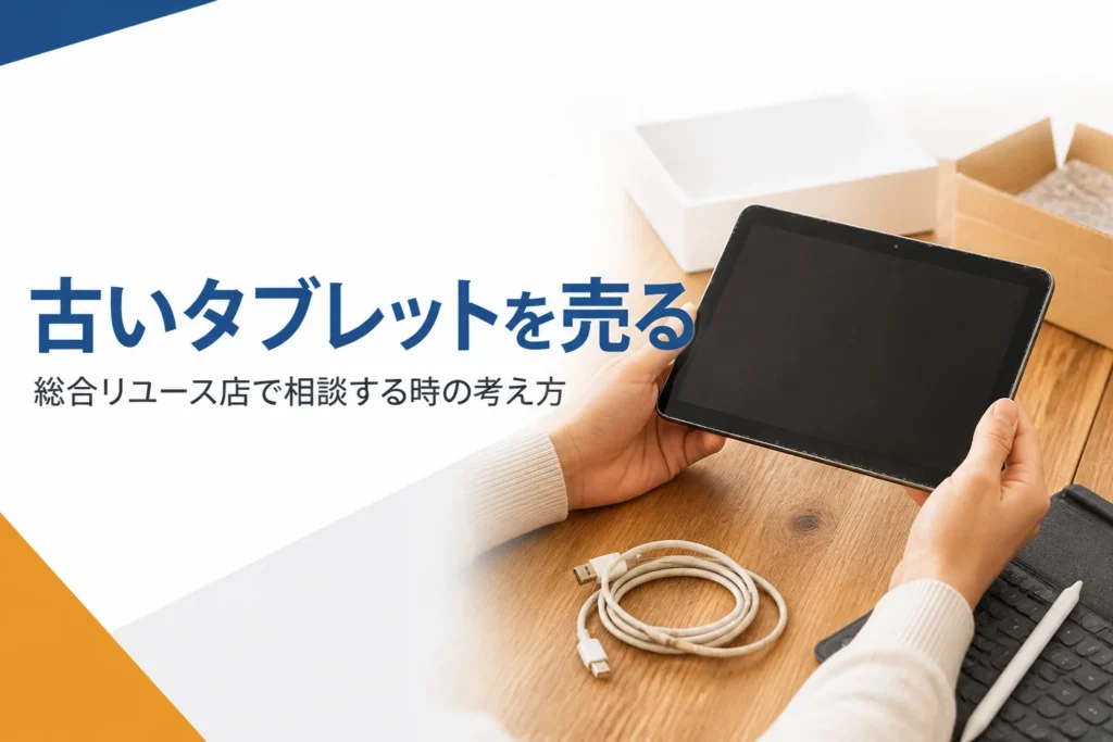 使い込まれた古いタブレットと充電ケーブル