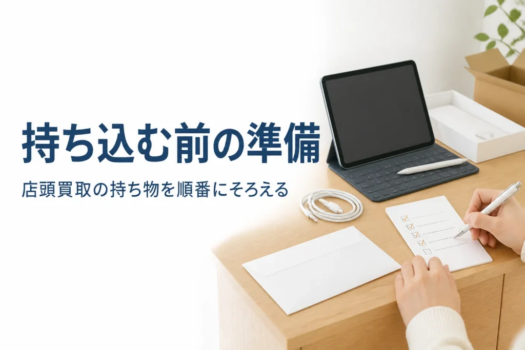 持ち込み前にタブレットと書類をそろえる手元