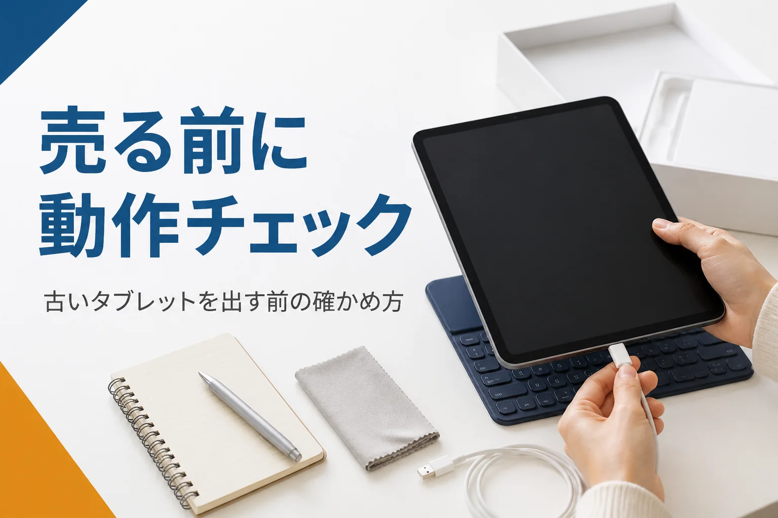 タブレットに充電ケーブルを挿して動作を確かめる手元