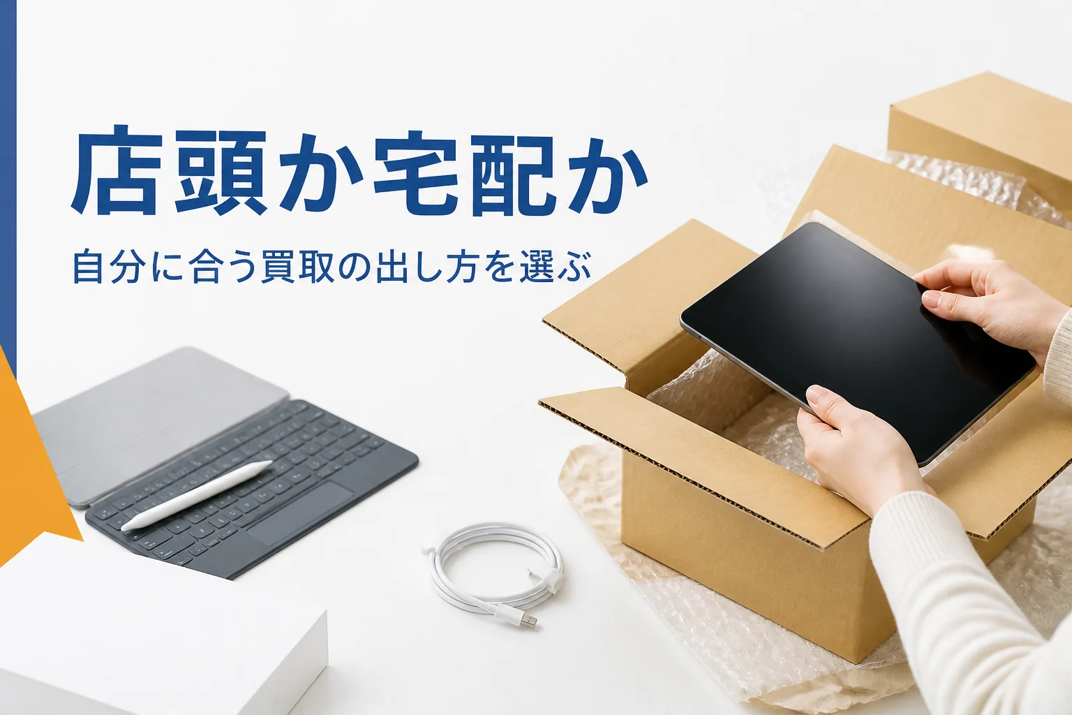 タブレットと梱包箱を前に売り方を迷う手元