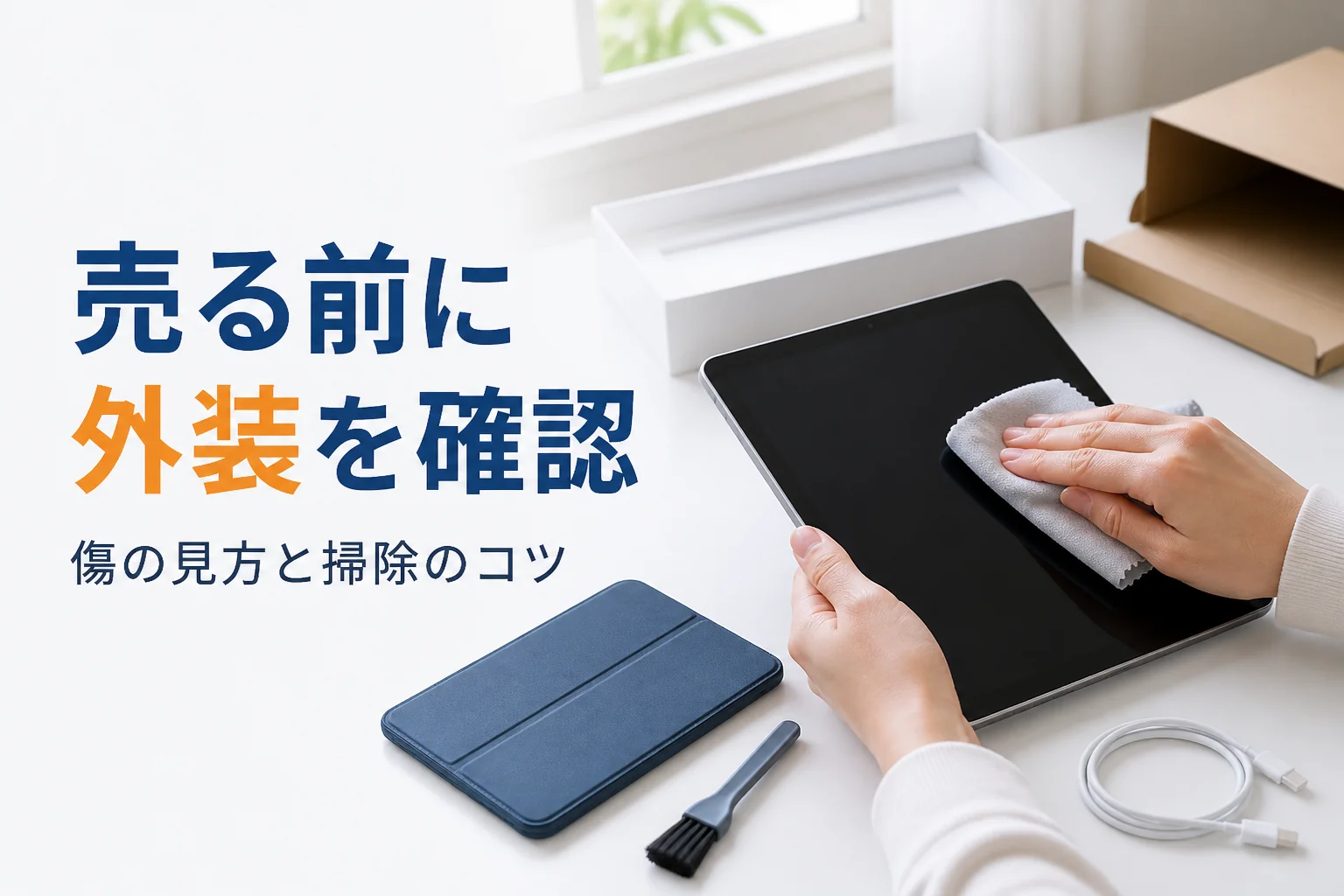 タブレットを布で拭く手元と外したケース
