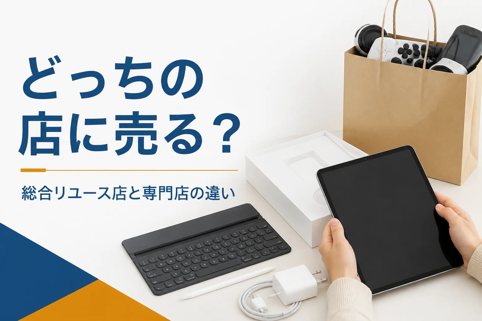 タブレットと不用品の紙袋、梱包箱