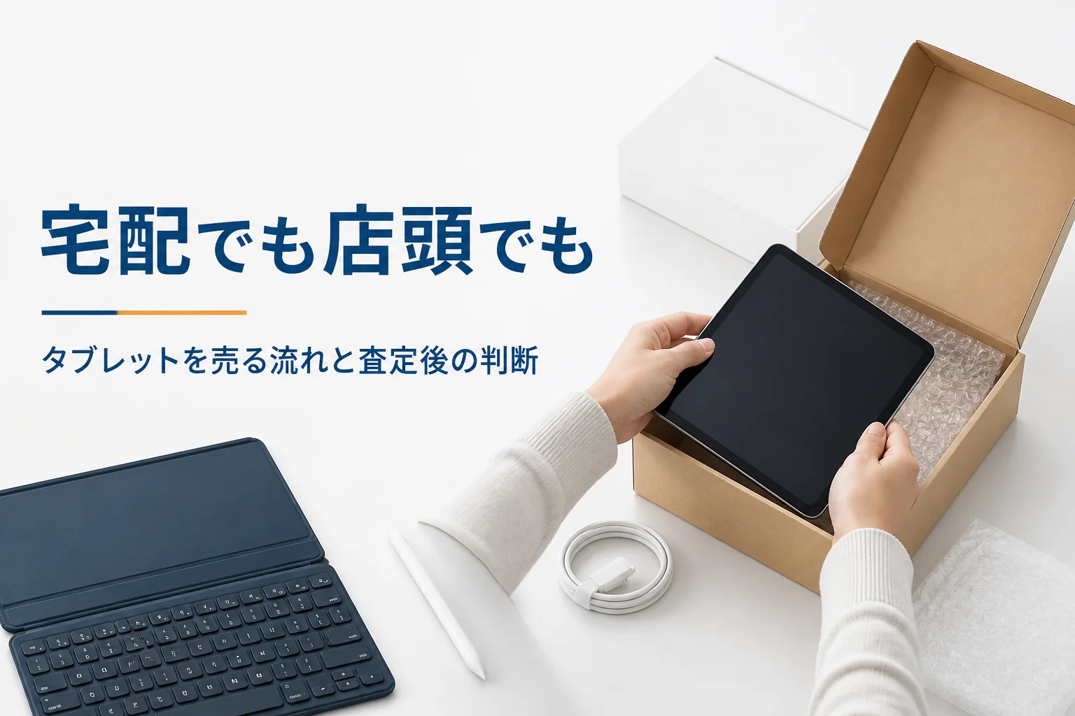 タブレットを梱包箱に入れる手元