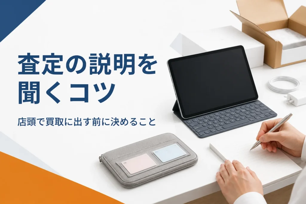 買取カウンターに置いたタブレットとメモを取る手元