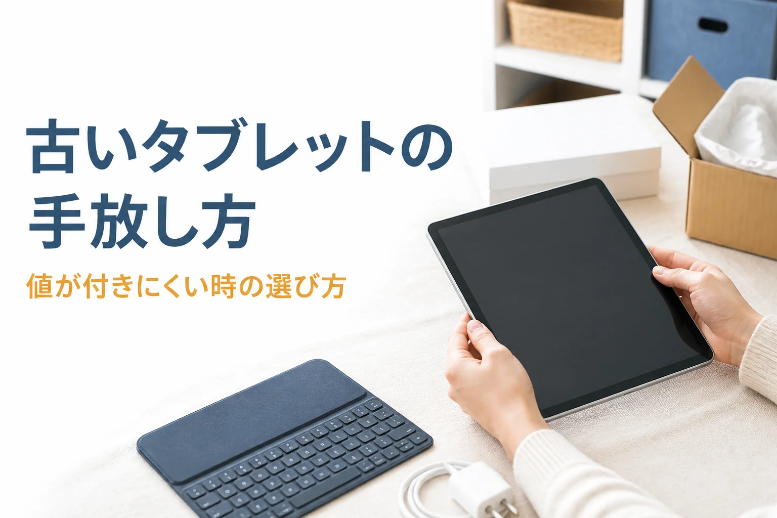 使い込んだタブレットと充電器を確かめる手元