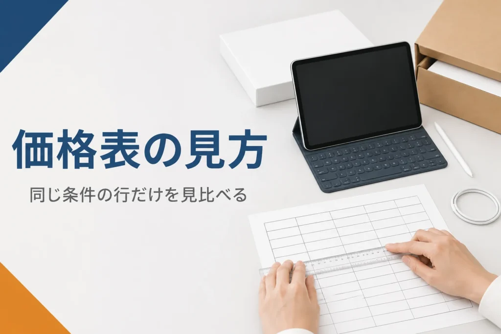 タブレットの横で一覧表の行を定規でなぞる手元