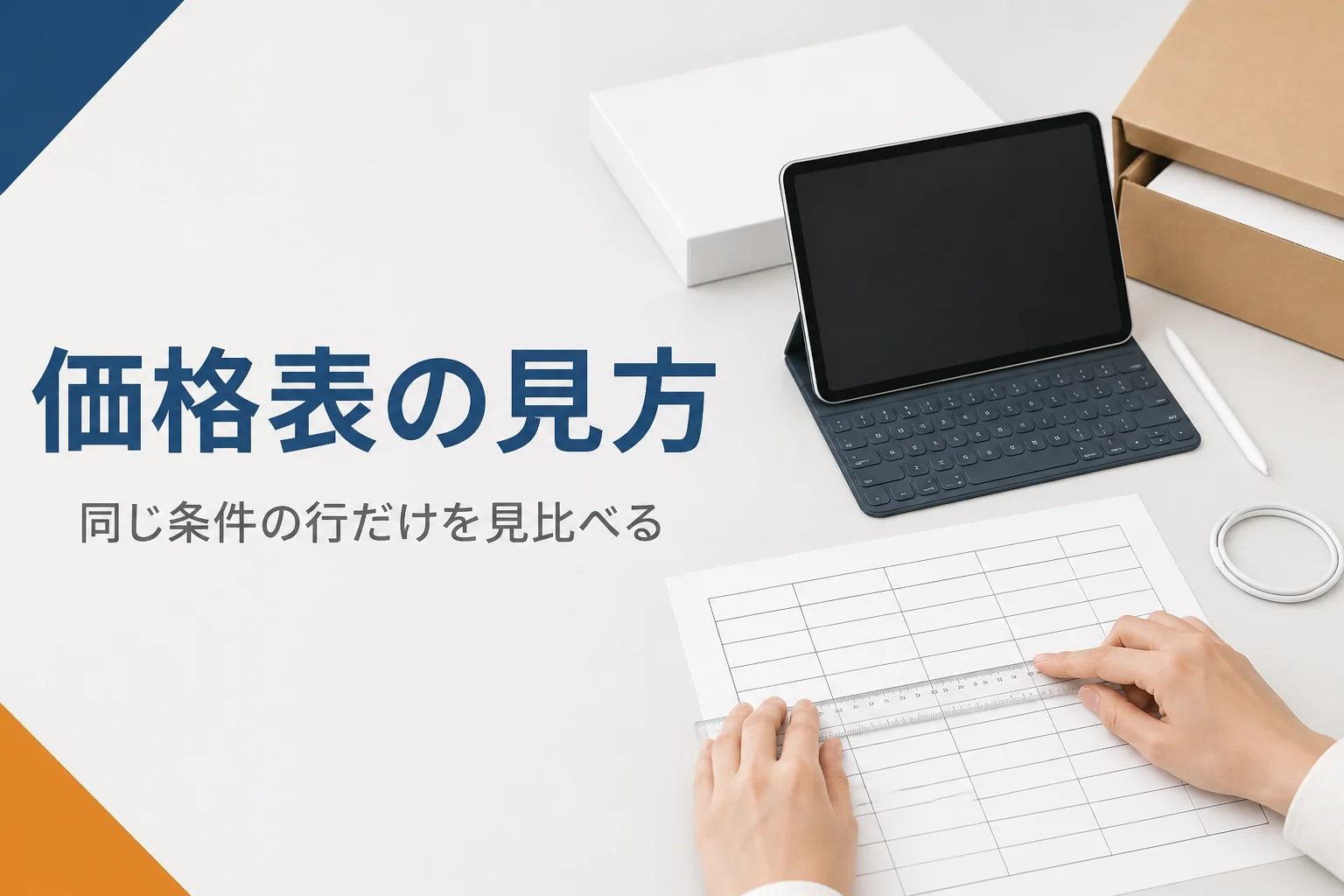 タブレットの横で一覧表の行を定規でなぞる手元