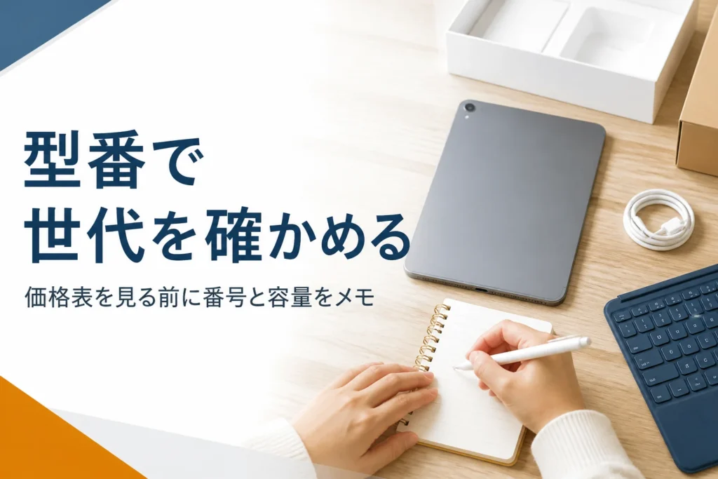 買取価格を調べる前にタブレットの型番をメモする手元