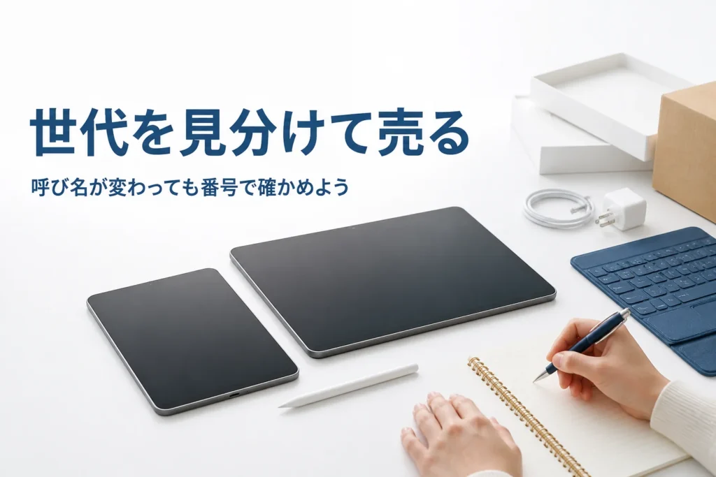 大小2台のタブレットを見比べて世代をメモする手元